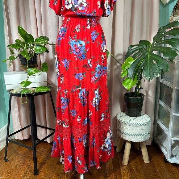 Band of Gypsies Floral Boho Maxi Dress XS Red Viscose Peasant Puff Sleeve Lace - Picture 5 of 12